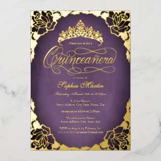 Lila Gold Elegante Script Rose Quinceanera Folieneinladung