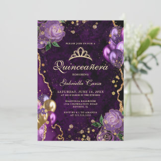 Lila Gold Floral Agate Foto Quinceanera Einladung