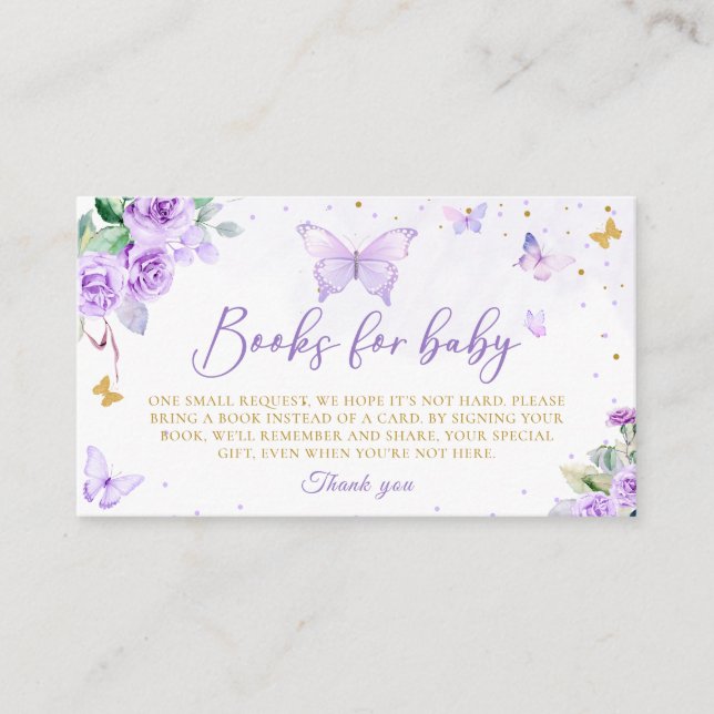 Lila Gold Floral Butterfly Bücher für Baby Ticket Begleitkarte (Vorderseite)