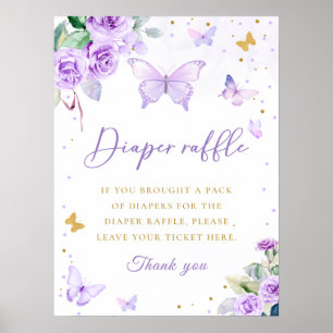Lila Gold Floral Butterfly Diaper Raffel-Zeichen Poster
