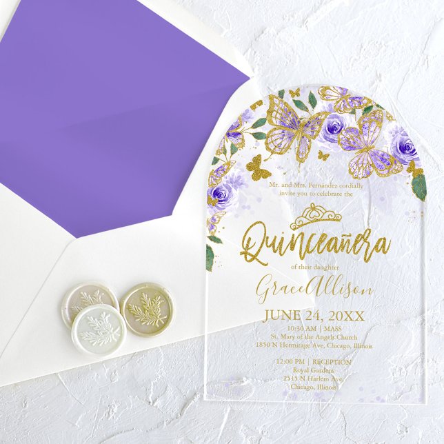 Lila Gold Floral Butterfly Quinceañera Acryleinladungen (Von Creator hochgeladen)