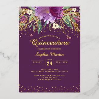 Lila Gold Floral Butterfly Quinceanera Folieneinladung