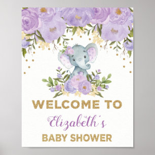 Lila Gold Floral Elephant Baby Dusche Willkommen Poster