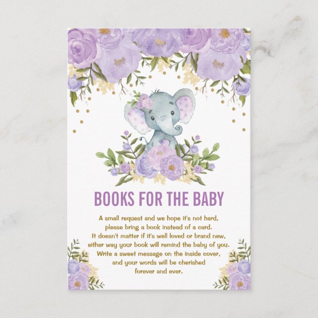 Lila Gold Floral Elephant Books für Baby Begleitkarte (Vorderseite)