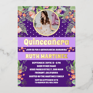 Lila Gold Floral Quinceanera Party Foto Folieneinladung