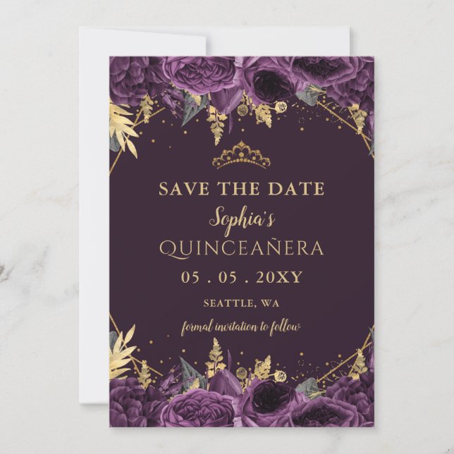 Lila Gold Floral Quinceñera Save the Date Ankündigung (Vorderseite)