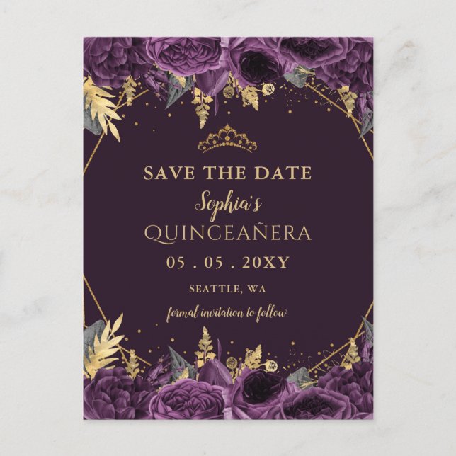 Lila Gold Floral Quinceñera Save the Date Ankündigungspostkarte (Vorderseite)