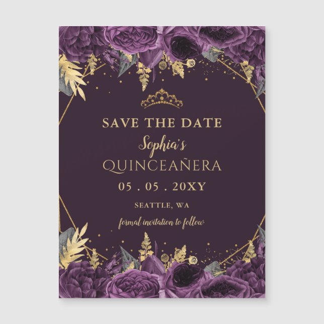 Lila Gold Floral Quinceñera Save the Date Magnetkarte (Vorderseite)
