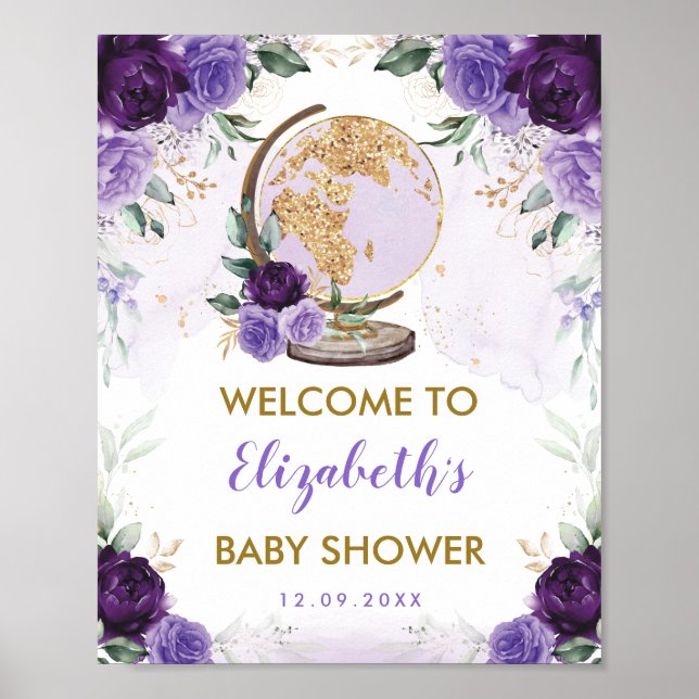 Lila Gold Floral Reiseerlebnis Baby Dusche Poster (Vorne)