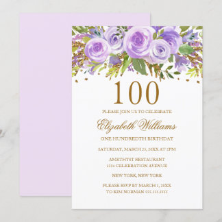 Lila Gold Floral Rose 100. Geburtstag Einladung