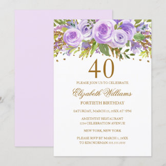 Lila Gold Floral Rose 40. Geburtstag Einladung