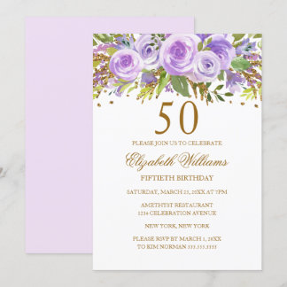 Lila Gold Floral Rose 50. Geburtstag Einladung