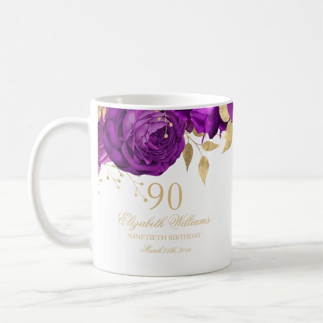 Lila Gold Floral Rose 90. Geburtstag Kaffeetasse (Links)