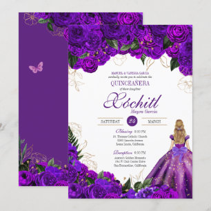 Lila Gold Floral Rose Elegante Quinceanera Einladung