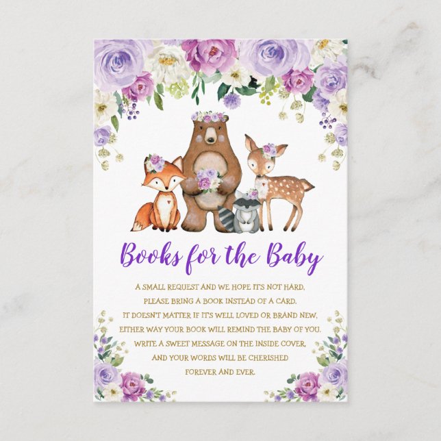 Lila Gold Floral Woodland Tiere Bücher für Baby Begleitkarte (Vorderseite)