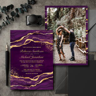 Lila Gold Flüssig Tinte Foto Hochzeit Einladung