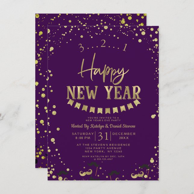 Lila & Gold Foil Confetti Silvester Party Einladung (Vorne/Hinten)