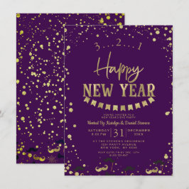 Lila & Gold Foil Confetti Silvester Party Einladung