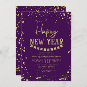 Lila & Gold Foil Confetti Silvester Party Einladung