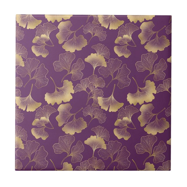 Lila Gold Ginkgo Art Deco Blattmuster Fliese (Vorderseite)