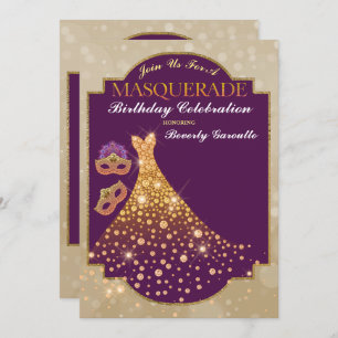 Lila Gold Glam Birthday Masquerade Einladung