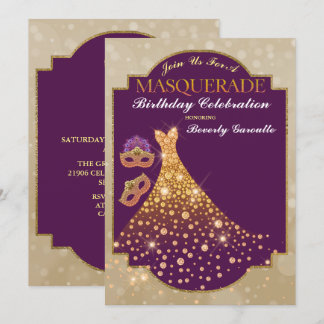Lila Gold Glam Birthday Masquerade Einladung