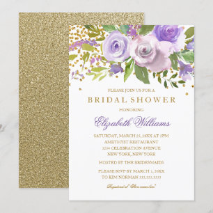 Lila Gold Glanz Blumen Hochzeitsdusche Einladung