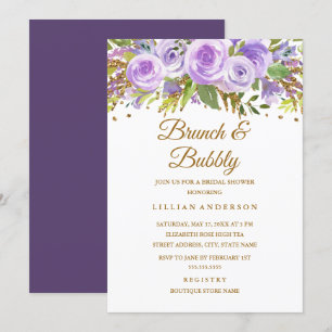 Lila Gold Glitter Blumenrose Brunch und Sprudelnde Einladung