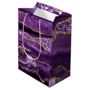 Lila Gold Glitter Marmor Individueller Name Gesche Mittlere Geschenktüte