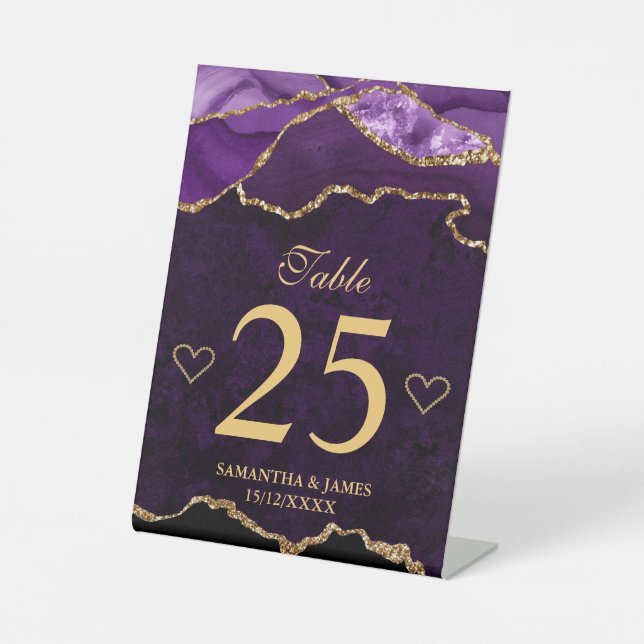 Lila Gold Glitzer Agate Wedding Tischnummer Sockelschild (Vorderseite)