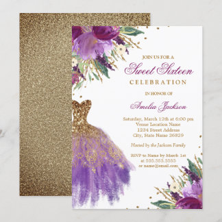 Lila Gold Glitzer Amethyst Dress 16 . Geburtstag Einladung
