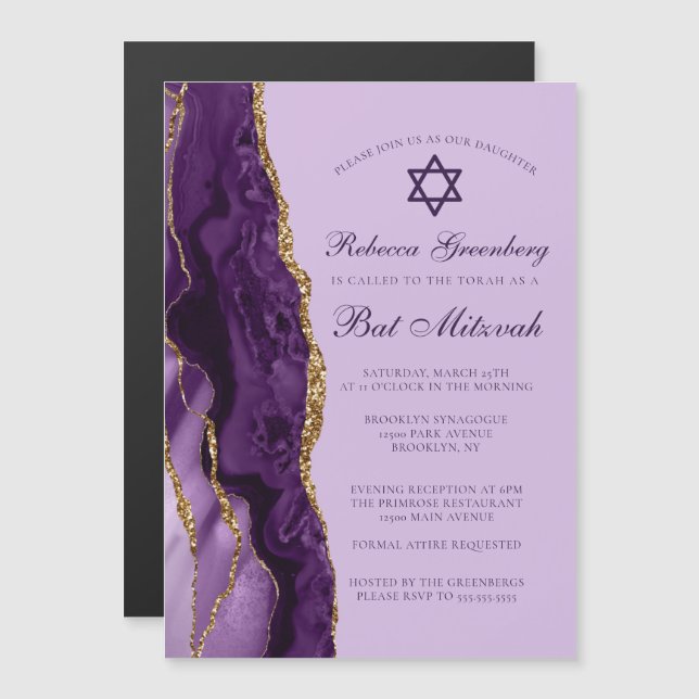 Lila Gold Glitzer Bat Mitzvah Party Magneteinladung (Vorne/Hinten)
