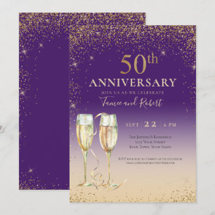 Lila Gold Glitzer Champagne 50 Jahre Jubiläum Einladung