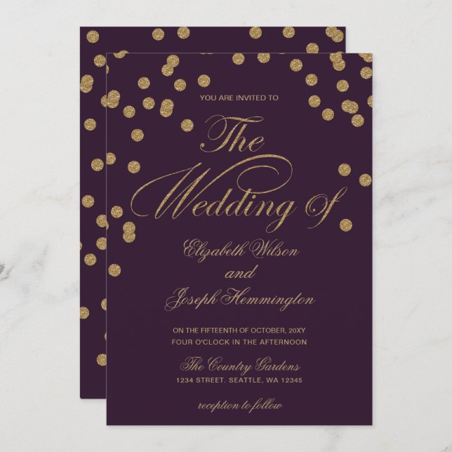 Lila Gold Glitzer Confetti Hochzeitsfeier Einladung (Vorne/Hinten)