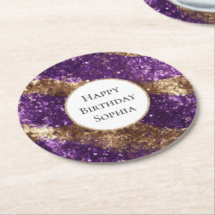 Lila Gold Glitzer Geburtstag Runder Pappuntersetzer