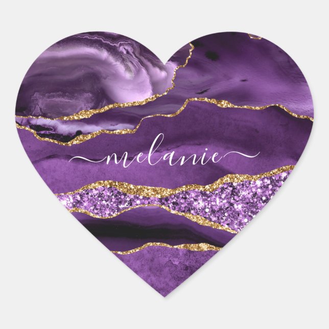 Lila Gold Glitzer Individuelle Name Heftaufkleber Herz-Aufkleber (Vorderseite)