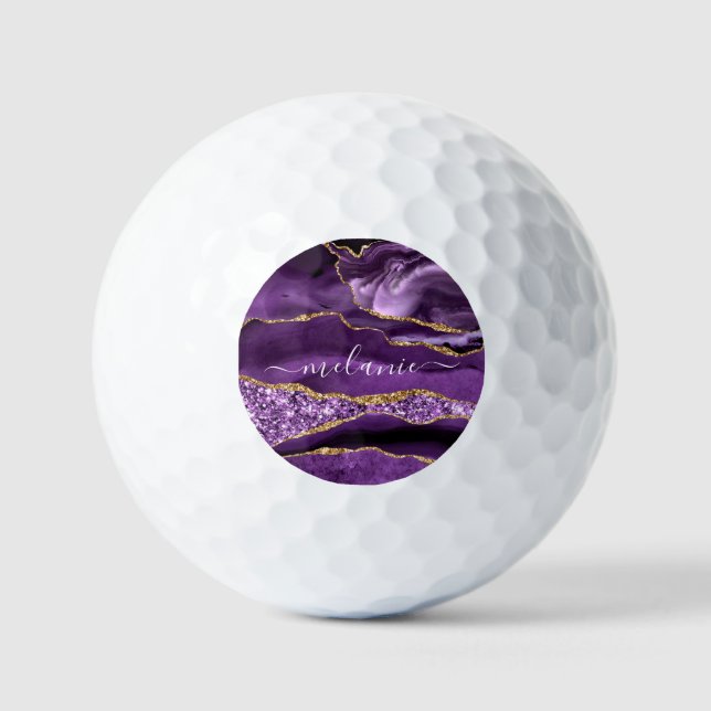 Lila Gold Glitzer Marble Individuelle Name Golf Ba Golfball (Vorderseite)