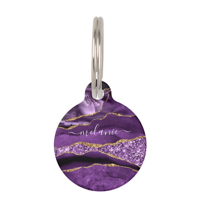 Lila Gold Glitzer Marble Individuelle Name Pet ID- Haustiermarke (Vorderseite)