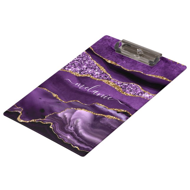 Lila Gold Glitzer-Marmor-Zwischenablage Individuel Klemmbrett (Schrägansicht)