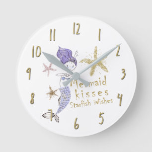 Lila Gold Glitzer Mermaid wünscht Starfish Kisses Runde Wanduhr