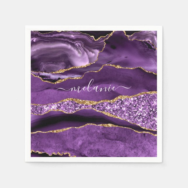 Lila Gold Glitzer Napkins mit Individuelle Name Serviette (Vorderseite)