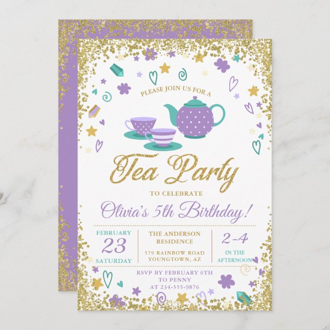 Lila Gold Glitzer Tee Party Girls Hunger Einladung (Vorne/Hinten)