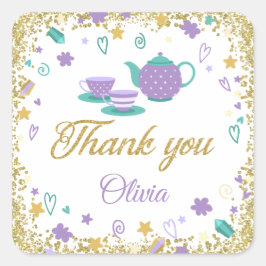 Lila Gold Glitzer Tee Party Vielen Dank Quadratischer Aufkleber