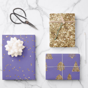 Lila Gold Glitzer Weihnachtsbaumen Geschenkpapier Set