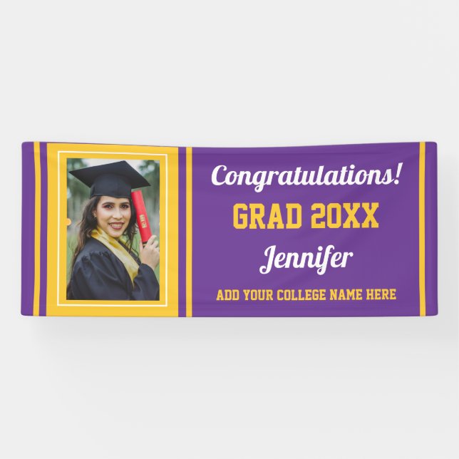 Lila Gold Glückwunsch Grad Custom Foto Abschluss Banner (Horizontal)