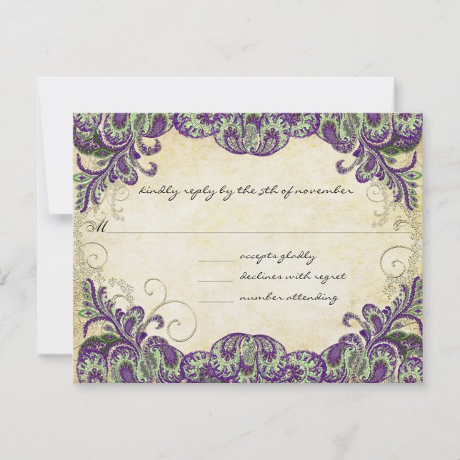 Lila Gold & Green Peacock Wedding RSVP Karte (Vorderseite)