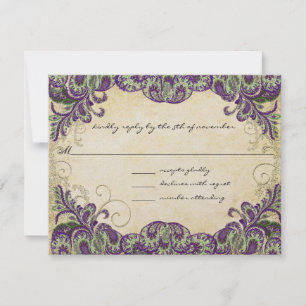 Lila Gold & Green Peacock Wedding RSVP Karte