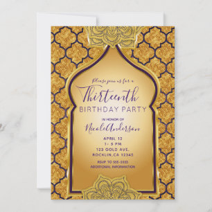 Lila & Gold Indischer Araber Golden Geburtstagsfei Einladung