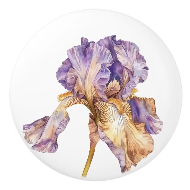 Lila Gold Iris-Blume Keramikknauf (Vorderseite)