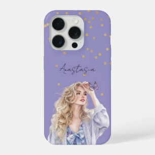 Lila Gold Konfetti Blondes Mädchen Schmetterling iPhone 15 Pro Hülle